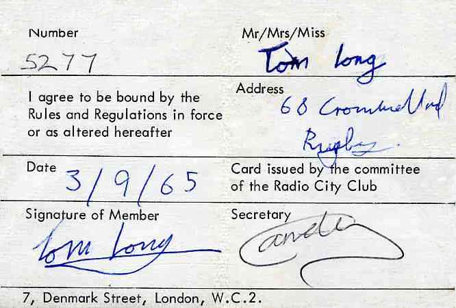 Radio City Club Card rear