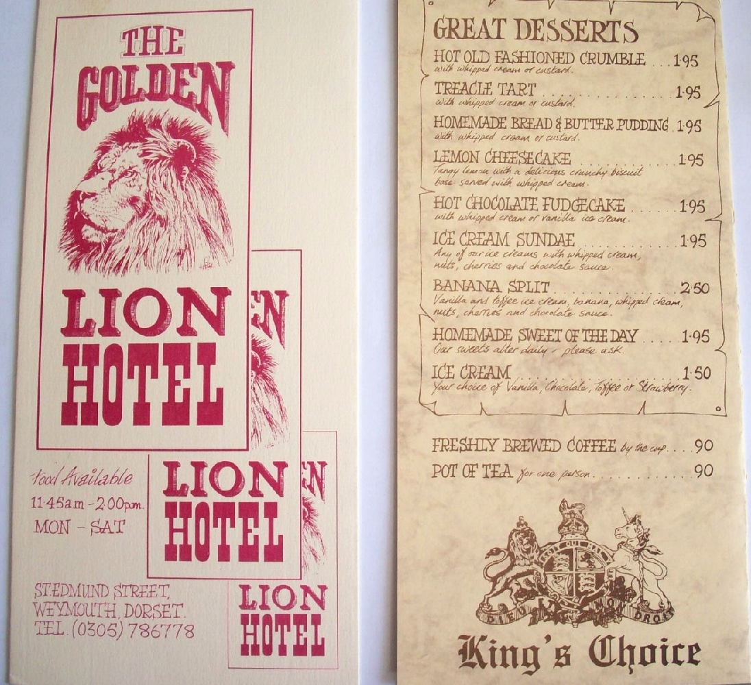 Red Lion Hotel, Weymouth, Menu
