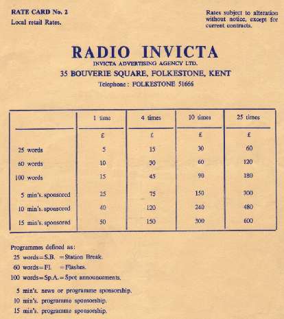 Radio Invicta Rate Card 1964