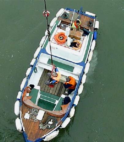 Looking down on motor boat Karina