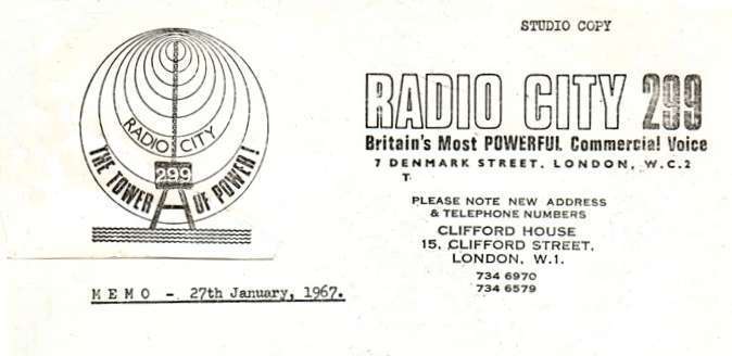 Radio City Studio Memo 27th January 1967 Radio City Studio Memo 27th January 1967